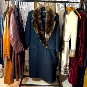 Vintage Perry Ellis Women Long Black Merio Wool Fur Collar 6 Coat Jacket